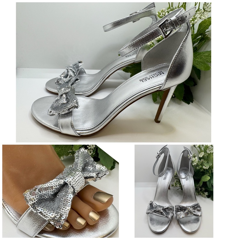 Michael Kors Paris Women's Size 8.5 M Silver Sequin Bow Heels Ankle Strap Sandal